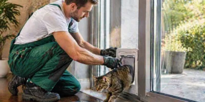 Vetraio installa una gattaiola su porta in vetro mentre il gatto esce attraverso l’apertura