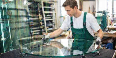 Vetraio al lavoro su piano in vetro rotondo durante la lavorazione e finitura in laboratorio a Milano