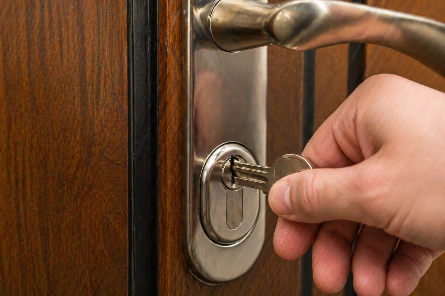 erratura europea con chiave inserita e in rotazione su porta in legno con maniglia moderna