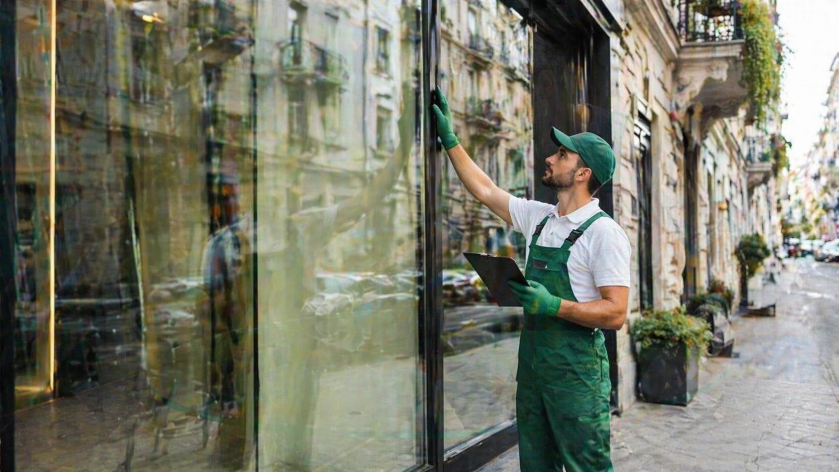 Vetraio artigiano con salopette verde controlla una vetrata di negozio in un condominio a Milano